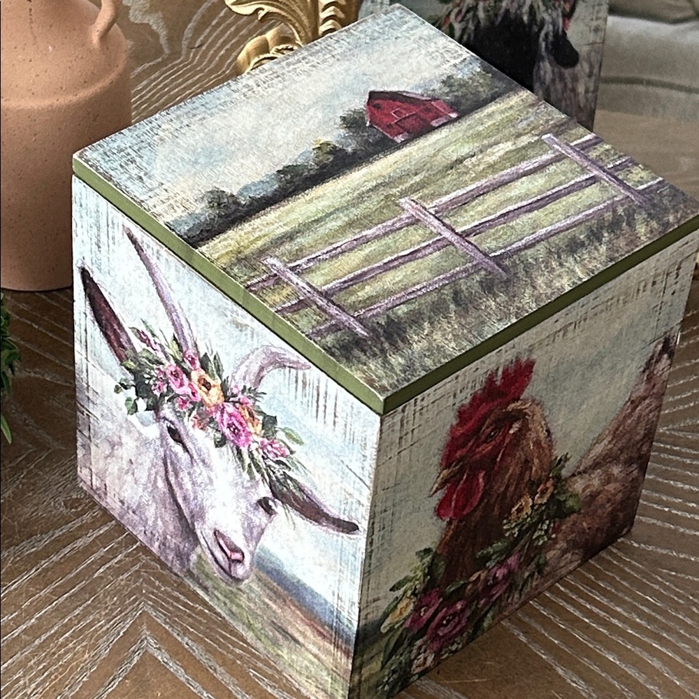NEW! Bohemian Country Cottage Wood Hinged Medium Storage Box Farm Rooster Goat